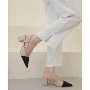 Two Tone Pointed Toe Chunky Heel Slingback Pump